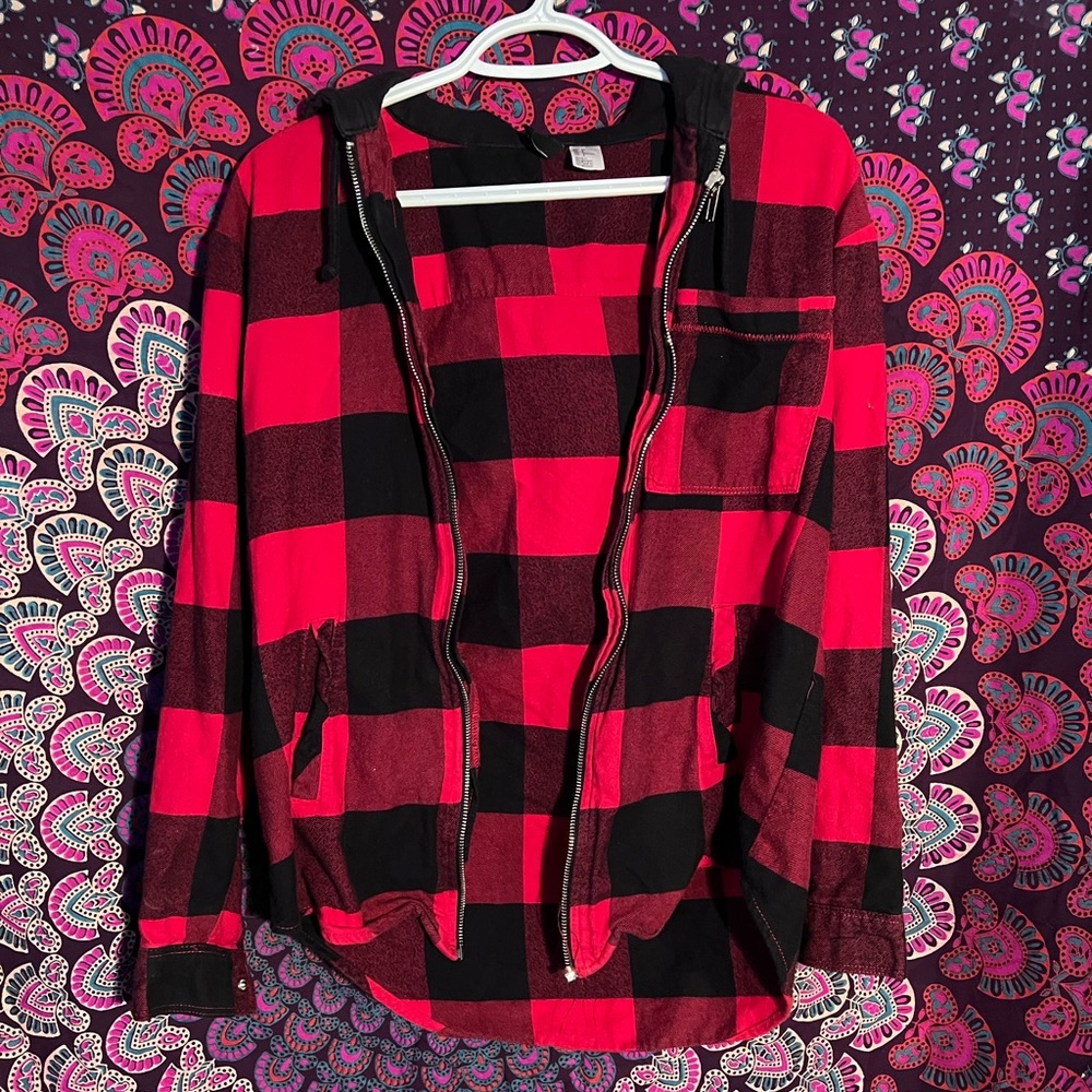 Red and Black Plaid zip up hooded sweater from H&M.